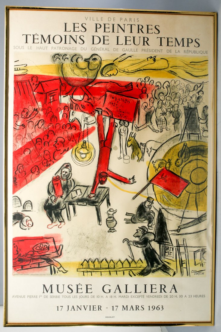 1963 Musee Galliera, Marc Chagall FRAMED: Framed poster for 1963 Musee Galliera artwork by Marc Chagall. Measures 20 x 30.The revolution Marc Chagall .1963 Musee Galerie Lithograph poster. Printed by MOURLOT Matches all points in Sorlier Chag