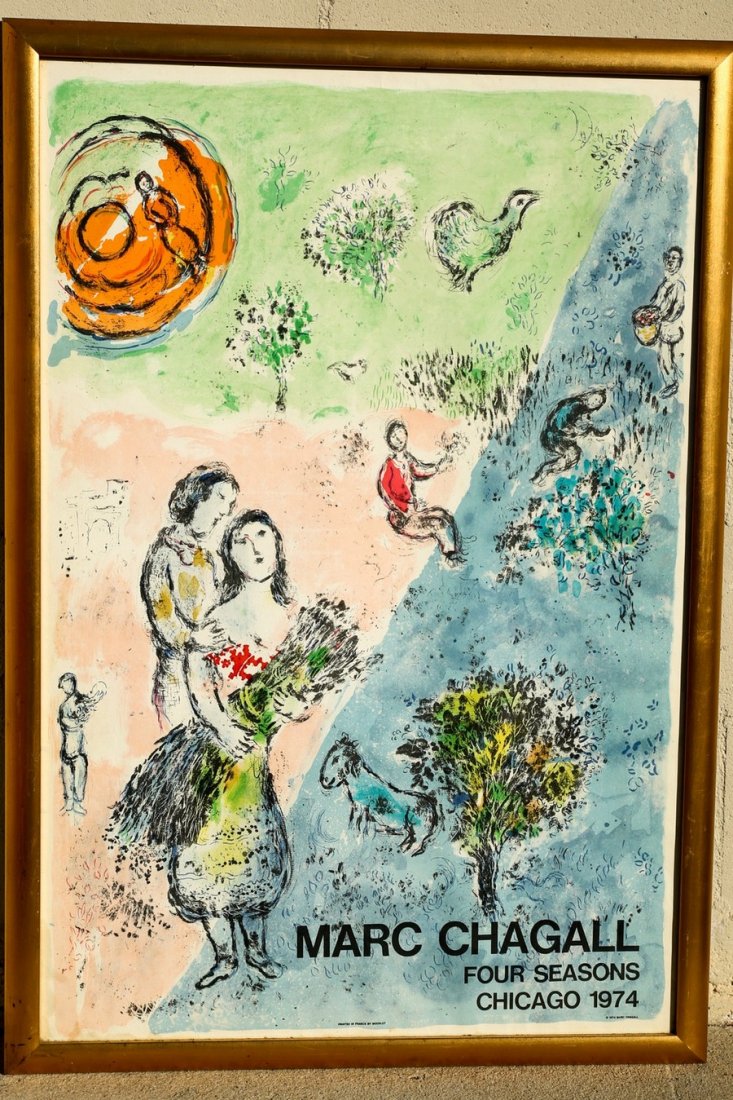 Marc Chagall 1974 Four Season Chicago: Marc Chagall Four Seasons Lithograph poster/1974 37 x 26 inches. Published by Mourlot. matches all points for Sorlier, 62. In very good overall condition. May have some toning. Nice framing, frame has