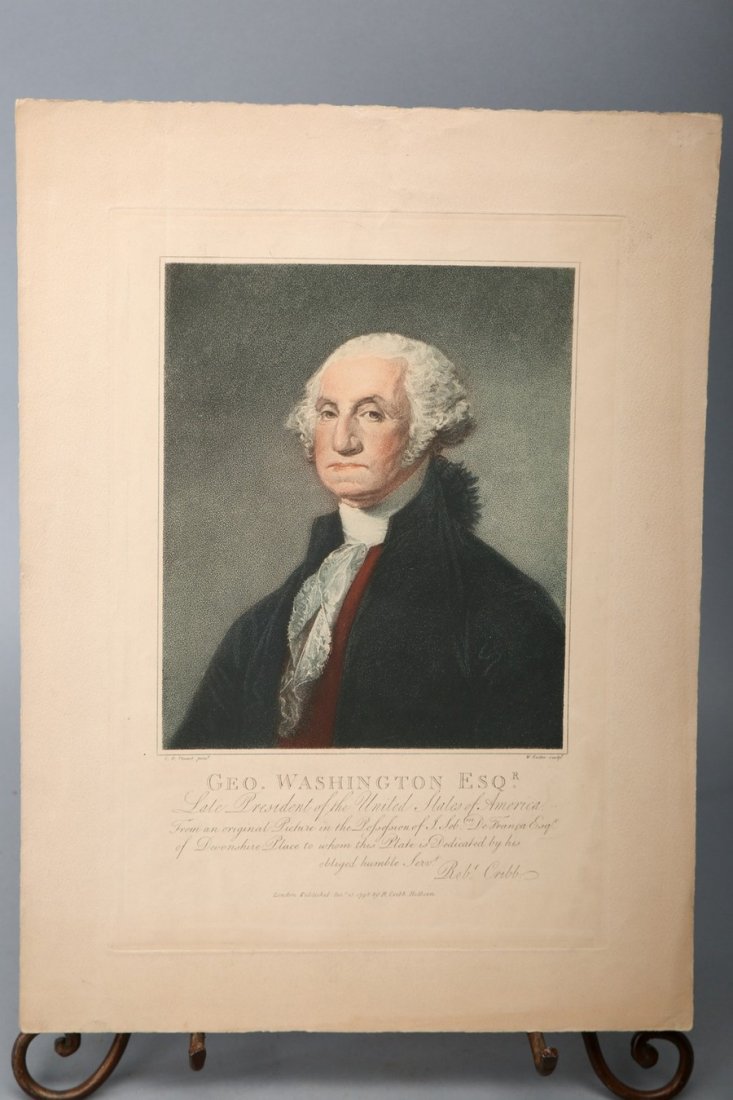 1798 Engraving George Washington after Gilbert Stuart: George Washington Engraving done in 1798, Engraved by W. Natter, appears to be a stipple point engraved, with period coloration. After a painting by Gilbert Stuart. Paper has tone. Plate size 8.5 x 12