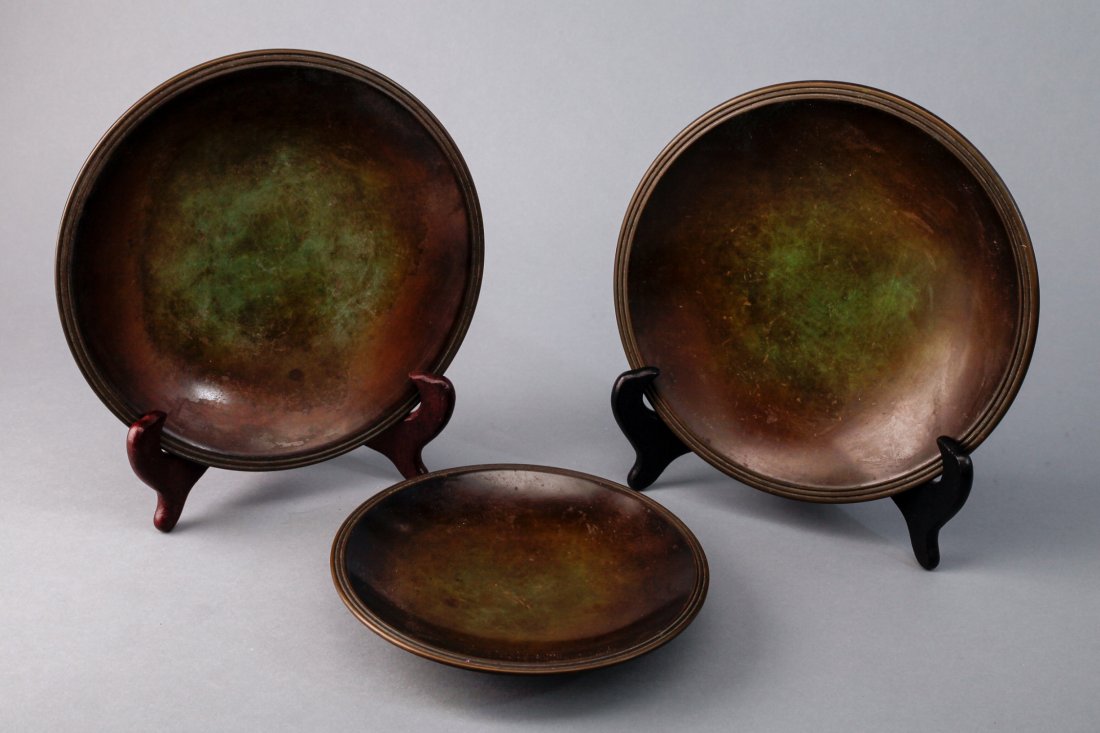 Set of 3 Just Andersen Denmark Bronze Low Bowls: 1 pair of Just Denmark Bronze low bowls underside is marked with Just in an upside down triangle and stamped Denmark. Each has the mark B1774X and measure 8". 1 single Just Denmark smaller low bowl wi