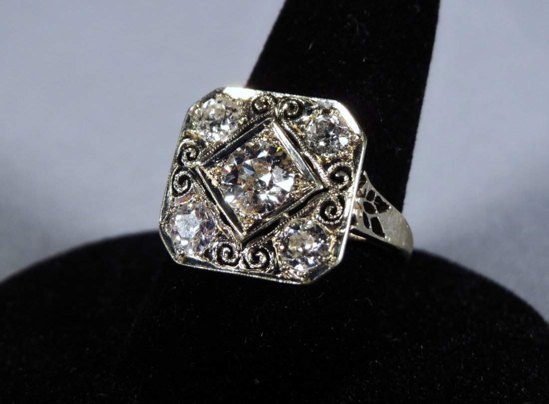 1920's Ladies Antique ART DECO 14k Gold & Diamond: Stunning 14k white gold & diamond Art Deco ladies ring. 14k white gold mounting inset center stone of approx. 5/8ct. round brilliant cut white diamond, appears to be VS+ clarity, G+ color, surrounded 