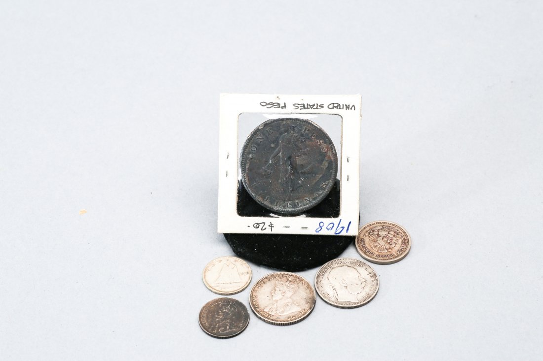 Misc. Antique Coin lot: 1936 Silver 5 Centavos, 1930 Silver Canadian Dime, 1940 Canadian Silver Dime, 1925 Shilling, 1893 Korona Hungary, 1908 United States Peso