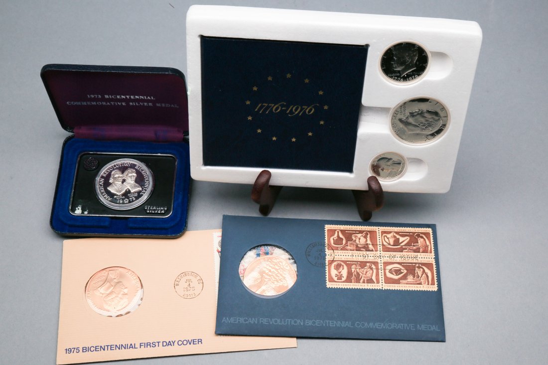 Misc Bicentennial Coin and Token Lot SIlver: Misc Bicentennial coin and token lot, 1776-1976 Proof set, Commemorative Silver Medal, 1975 Bicentennial First Day Cover and American Revolution Bicentennial Commemorative Medal.