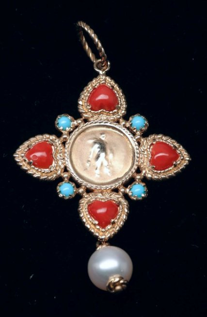 14K Tagliamonte Coral, Turquoise and Pearl Pendant (1 of 2)