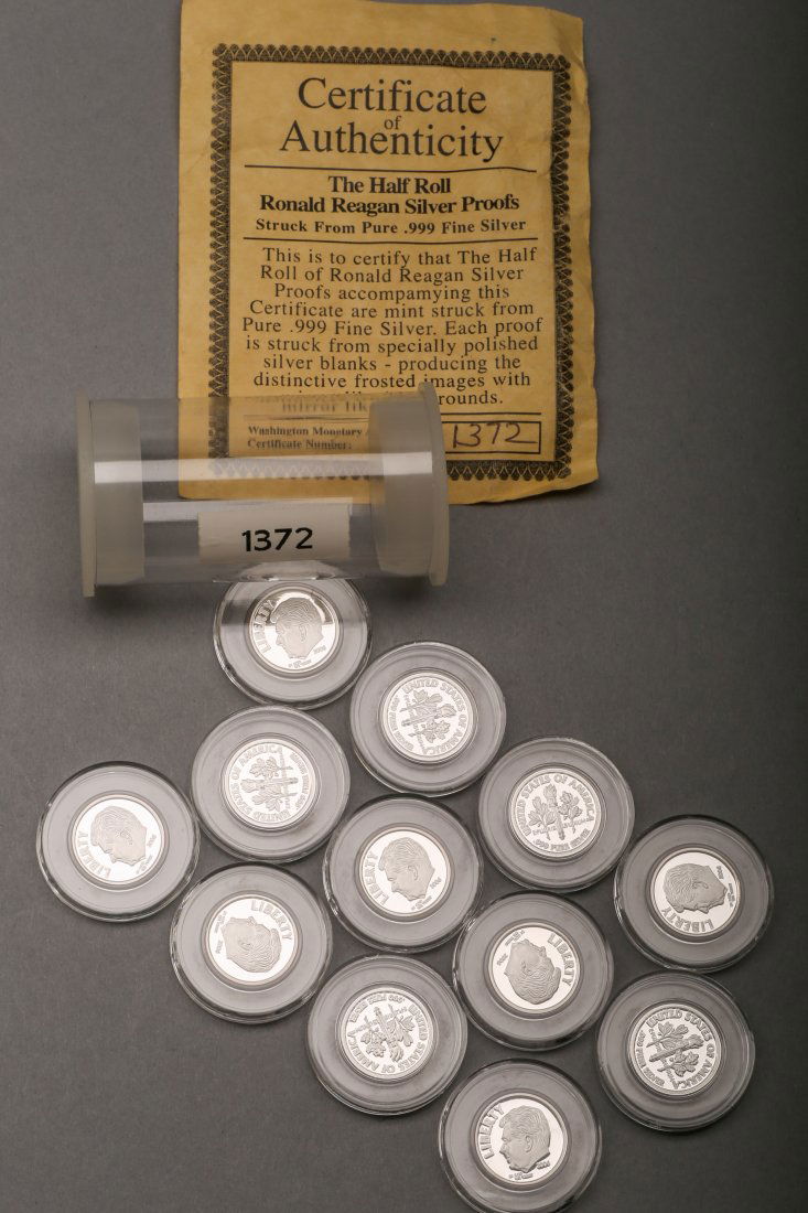 Half Roll Reagan Silver Proofs, .999 Silver: Nice uncirculated half roll of Ronald Reagan silver proofs struck from .999 silver. Frosted images. Dime Sized 12 all encased in holder.