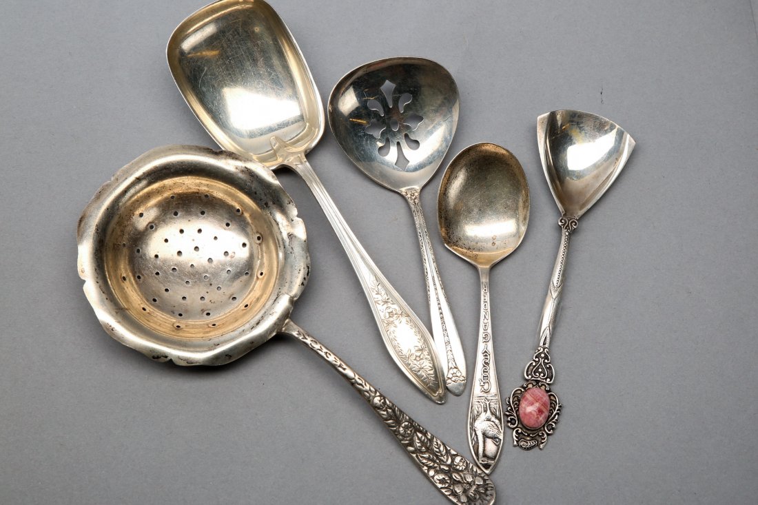 Silver lot Sterling and Rare Goosey Gander child's Soon: Lot Consists of Nation Sterling Slotted spot. Antique Childs Spoon Goosey Gander, Rare! An antique 900 silver spoon large slotted marked "Chile" with markers mark. Gemstone spoon marked 835 for silver