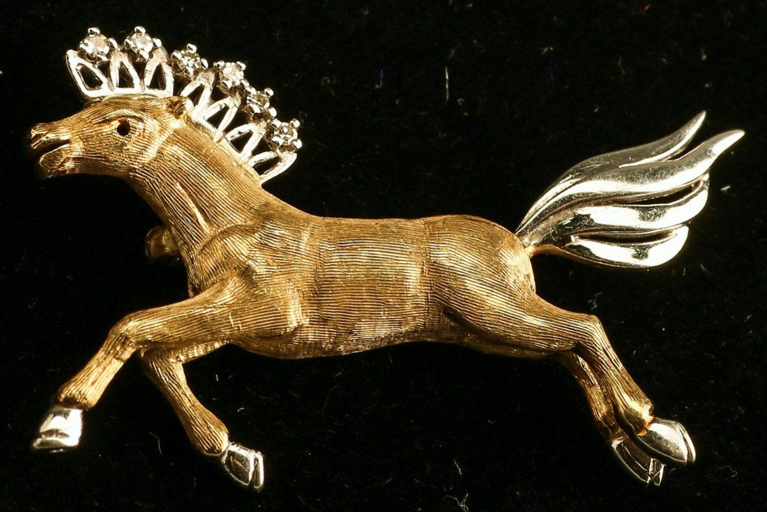 Mid Century 14K Yellow/White Gold Diamond Horse Brooch (1 of 2)
