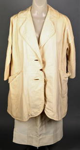 c1965 Rudi Gernreich Cream 2 Pc Ladies' Suit: Very nice cream color textured fabric suit, designed by Rudi Gernreich for Walter Bass. Suit is two pieces, includes wide collar jacket, with two large pearl buttons. 3/4 sleeves, fold over flaps on