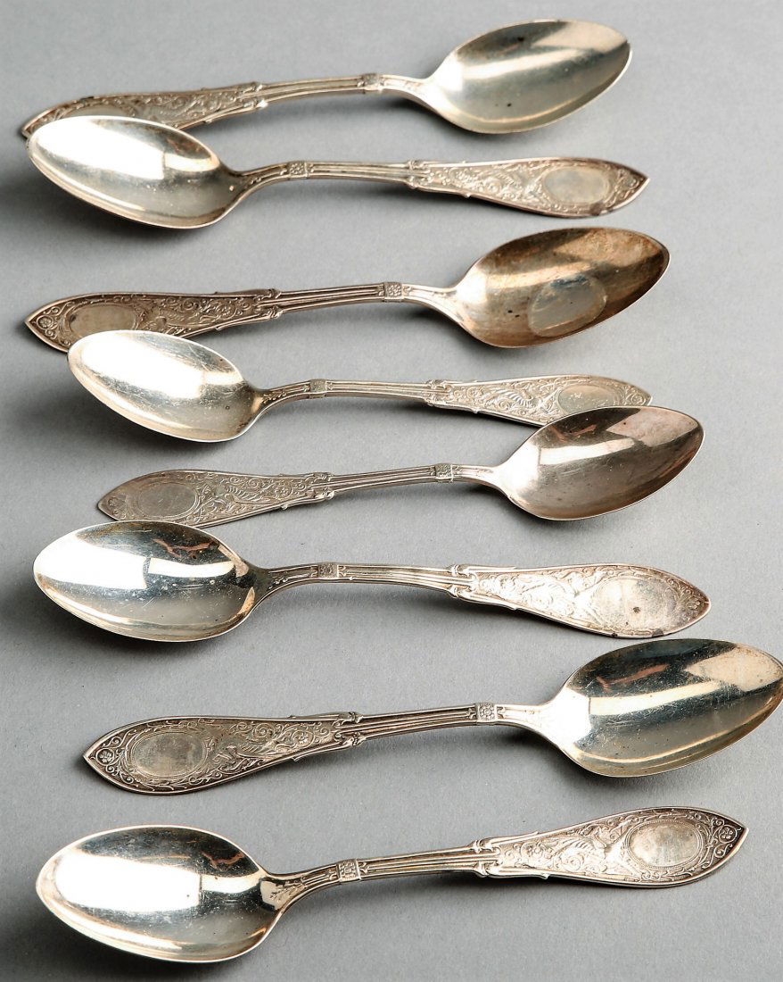 1875 Whiting 8 Sterling Spoons, "Arabesque" Pattern (1 of 2)