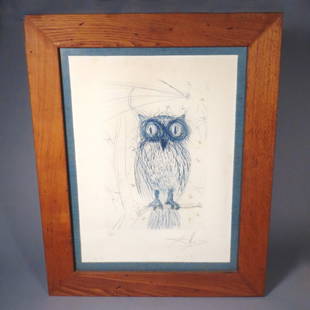 Dali La Chouette Bleue (The Blue Owl) drypoint Signed: Dali Signed drypoint of an a blue owl. Signed lower right in pencilDali and it is number 199/200 in this edition of 200, in pencil on the lower left.Drypoint owl in blue with yellow stars. Extremely r