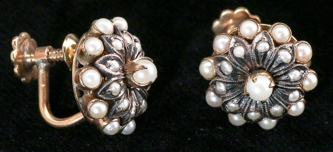 c1905 Edwardian 10K Gold, Seed Pearl Screwback Earrings: Lovely pair of seed pearl screwback earrings. Each round earring is in the shape of a flower and is adorned with 20 seed pears. These are unmarked and test at 10K, 6.8 g.