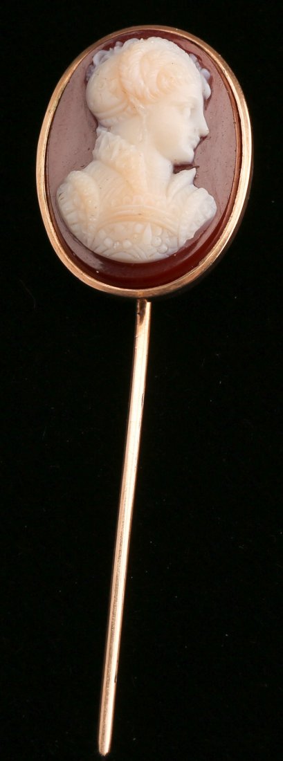 c1890 12K Gold Cameo Stick Pin: Beautiful 12K gold stick pin with a finely carved shell cameo that has been applied to what appears to be carnelian. This piece is unsigned and unmarked, tests as 12K