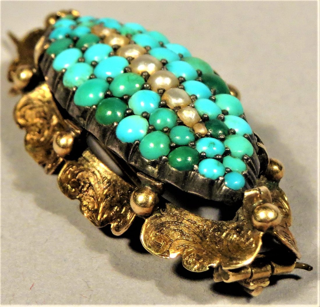 Beautiful Victorian Seed Pearl & Turquoise 14k Brooch (1 of 7)