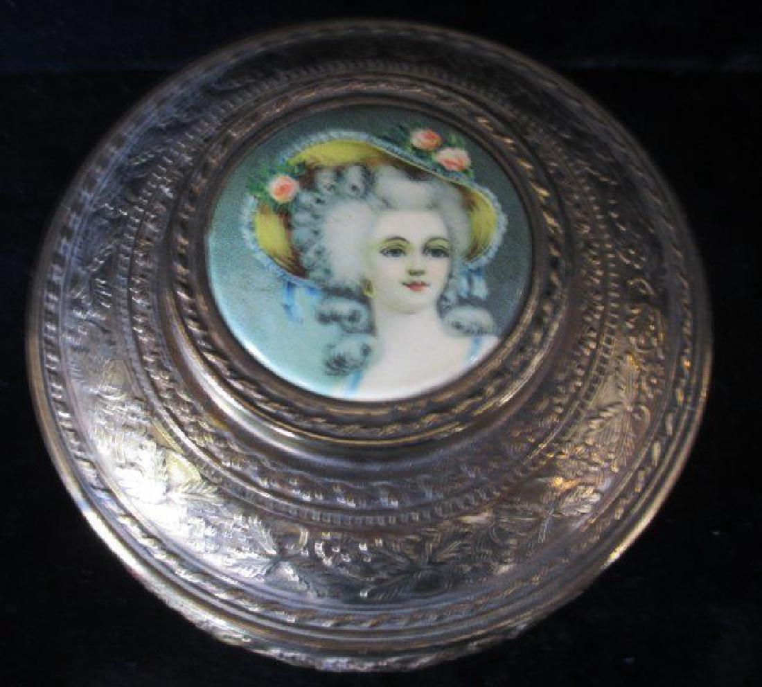ANTIQUE JEWELRY BOX WITH PORTRAIT ON LID: ANTIQUE JEWELRY BOX WITH PORTRAIT on lid Double Handle Vase signed on bottom Noritake Tranquil scene of Farm Lake and Ocean near by. Measures 8 1/2" Tall 3/26/15 Lot 445