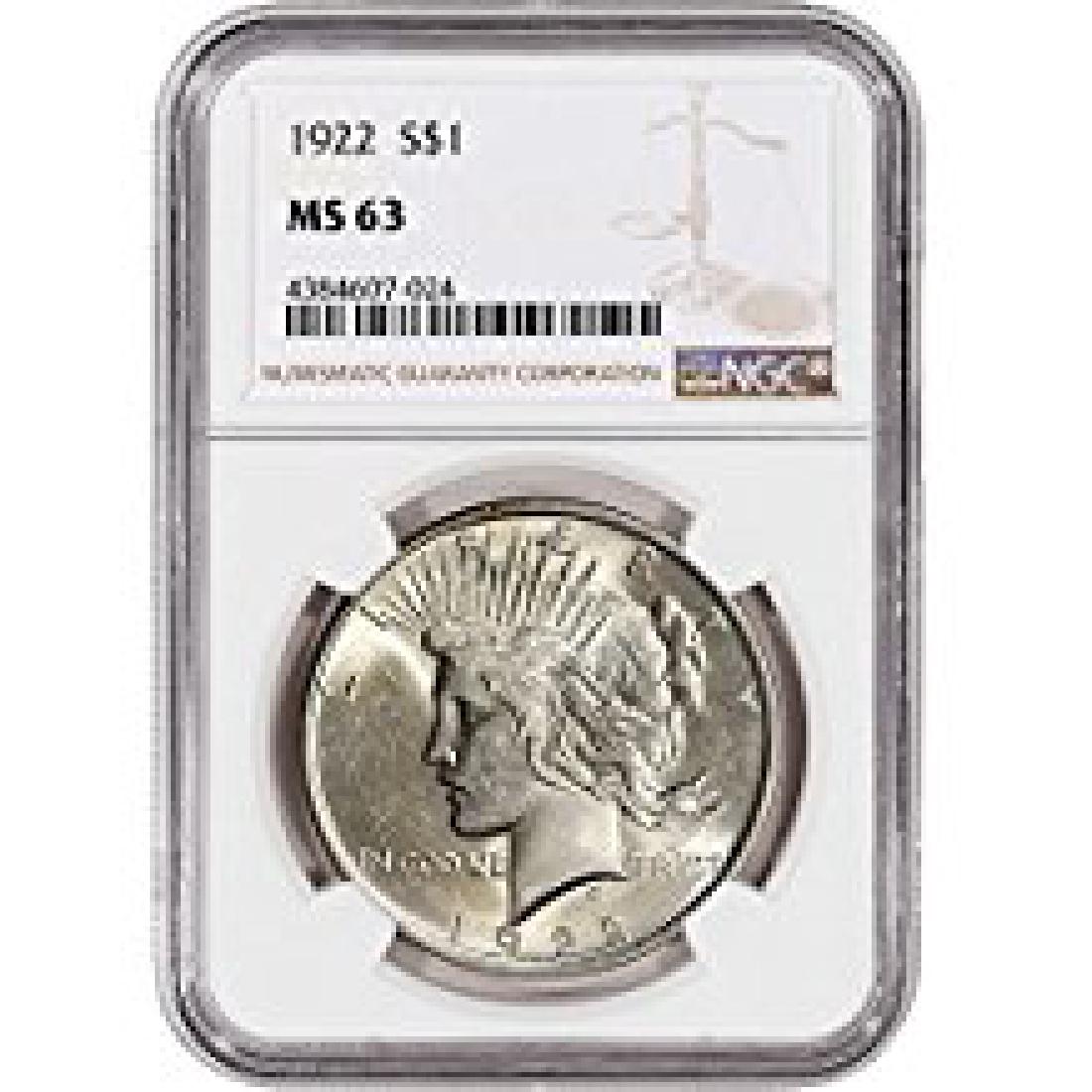 1922 Peace US Silver $1 Dollar Coins NGC Certified MS63 (1 of 1)