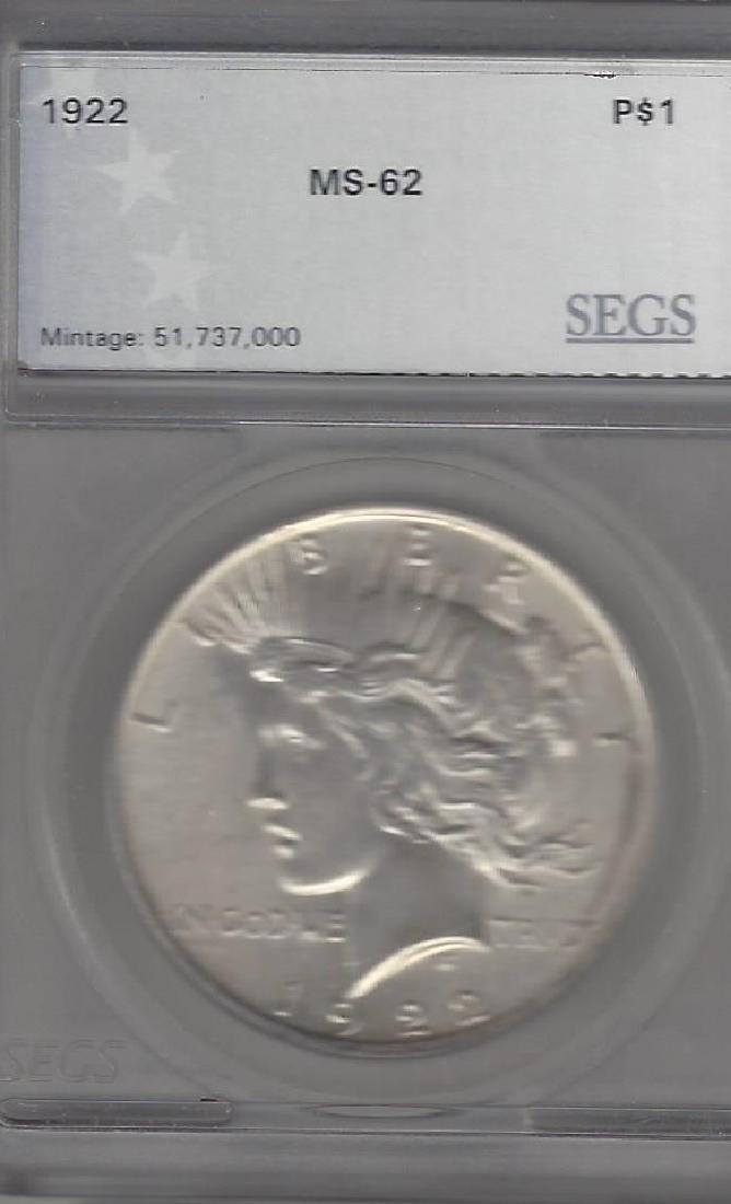 1922 SILVER PEACE DOLLAR MS-62 SEGS (1 of 2)