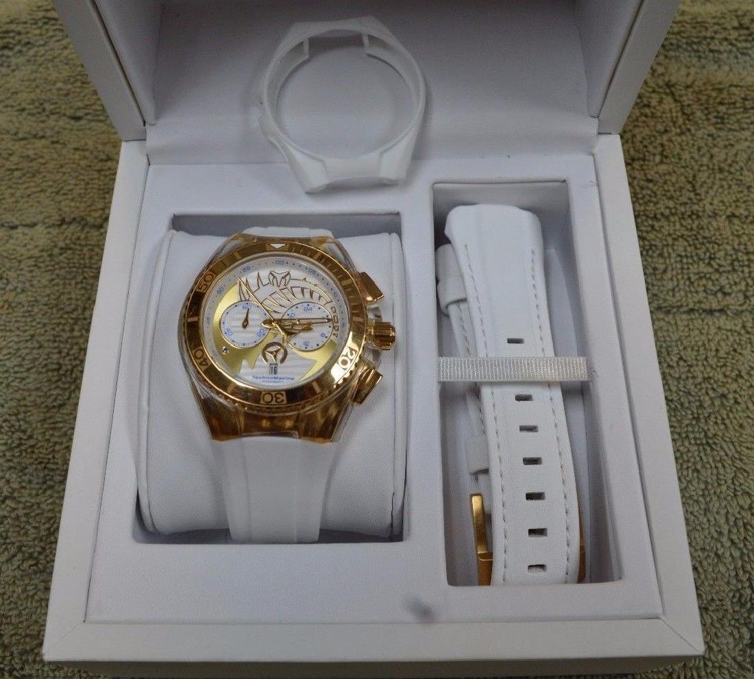 TechnoMarine TM-115002 Cruise Dream: TechnoMarine TM-1150 Chronograph Functions with 60 Second, 60 Minute and 24 Hour Sub dials; Date Window at 6:00; Set Includes: White Silicone Case Cover and White Satin Strap; Screw-Down Crown; Minera