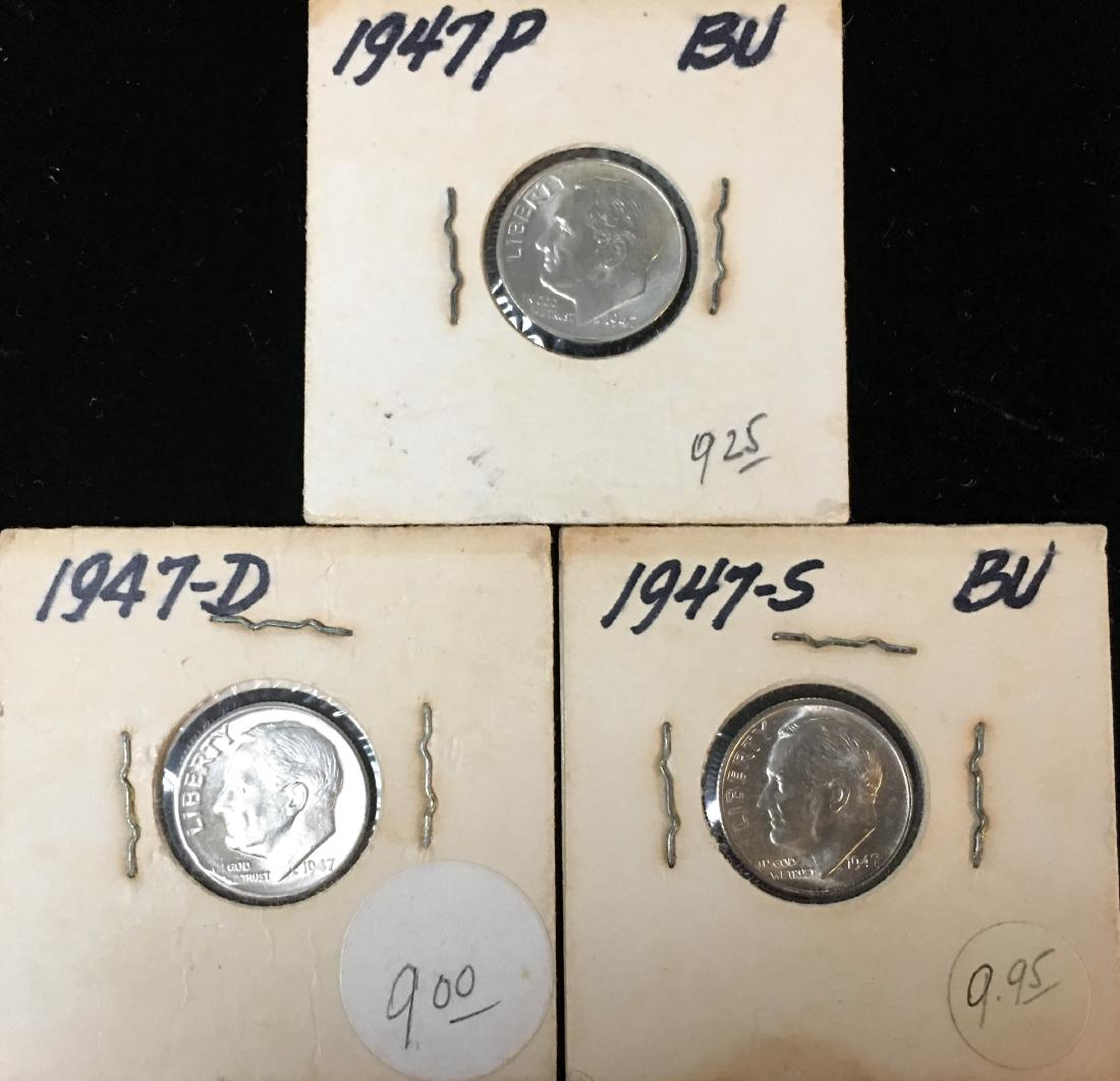 1947-PDS 10C Set of 3 Silver Roosevelt Dimes BU (1 of 8)
