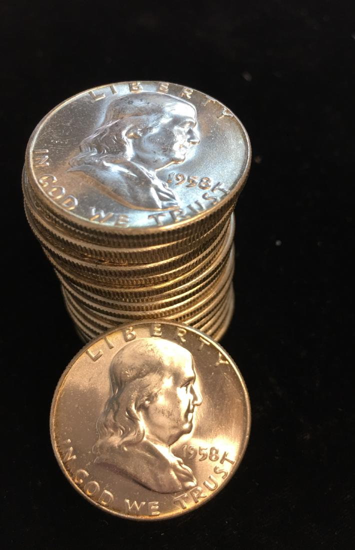 1958-P Roll of 20 Franklin Silver Half Dollars GEM BU (1 of 2)