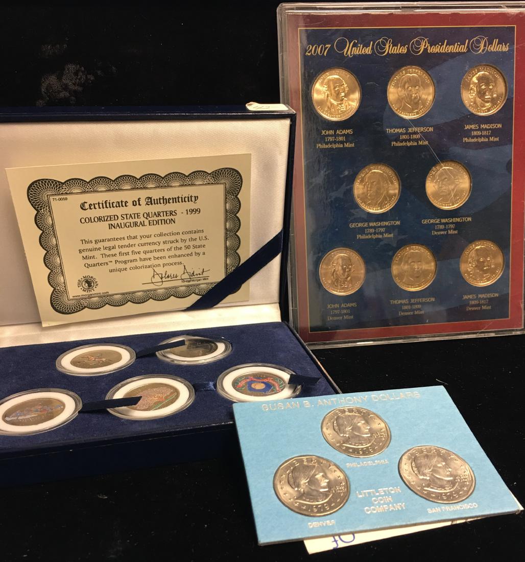 Set of 3 Lots - 1999 Colorized Washington Quarters,: Set of 3 Lots - 1999 Colorized Washington Quarters, 2007 Presidential Dollars & 1979 S.B. Anthony Dollars