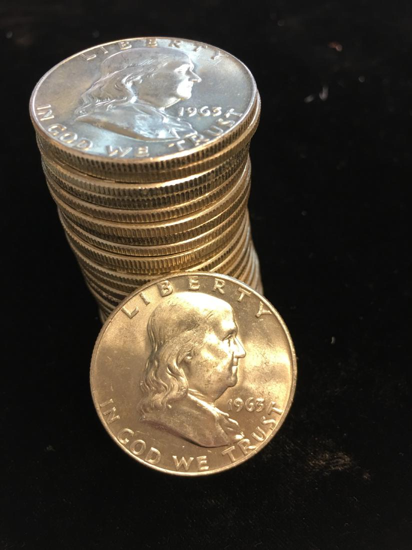 1963-D Roll of 20 Franklin Silver Half Dollars BU (1 of 2)