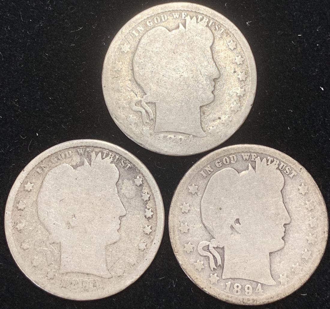 Lot of 3 Barber Silver Quarters 1894-P, 1894-O, 1894-S (1 of 2)