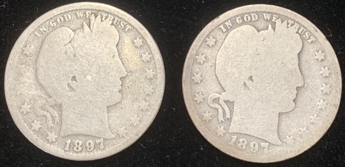 Lot of 2 Barber Silver Quarters 1897-P & 1897-O (1 of 2)