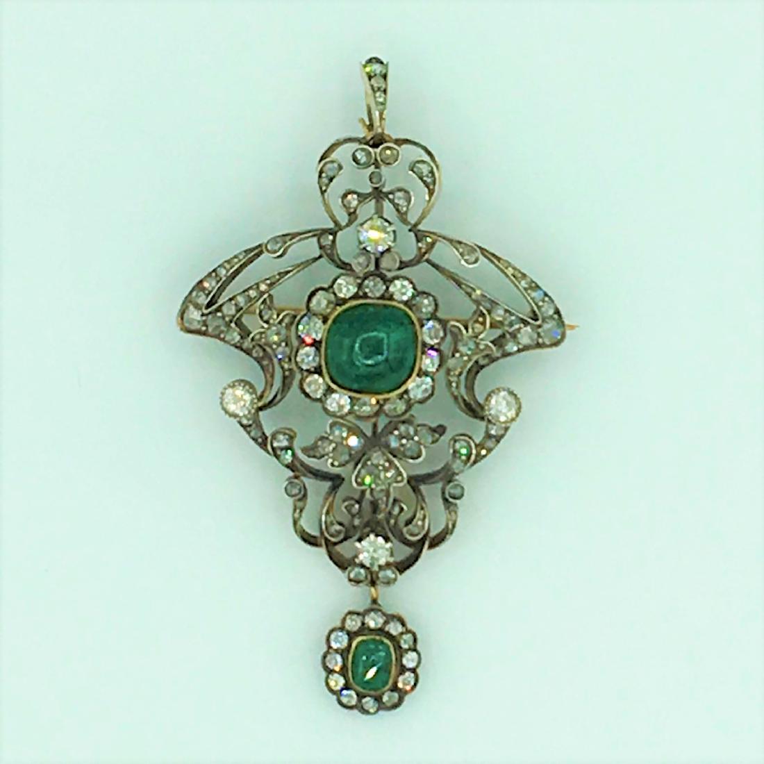 Russian Antique 14K White and Yellow Gold Diamond and: Russian Antique 14K White and Yellow Gold Diamond and Emerald Brooch. 20.8 grams 13.4 dwt. Approximately 6 cts. of Diamond. Large Cabochon Emerald is Approximately 5 cts. Brooch Measures 3 x 1 3/4 inc