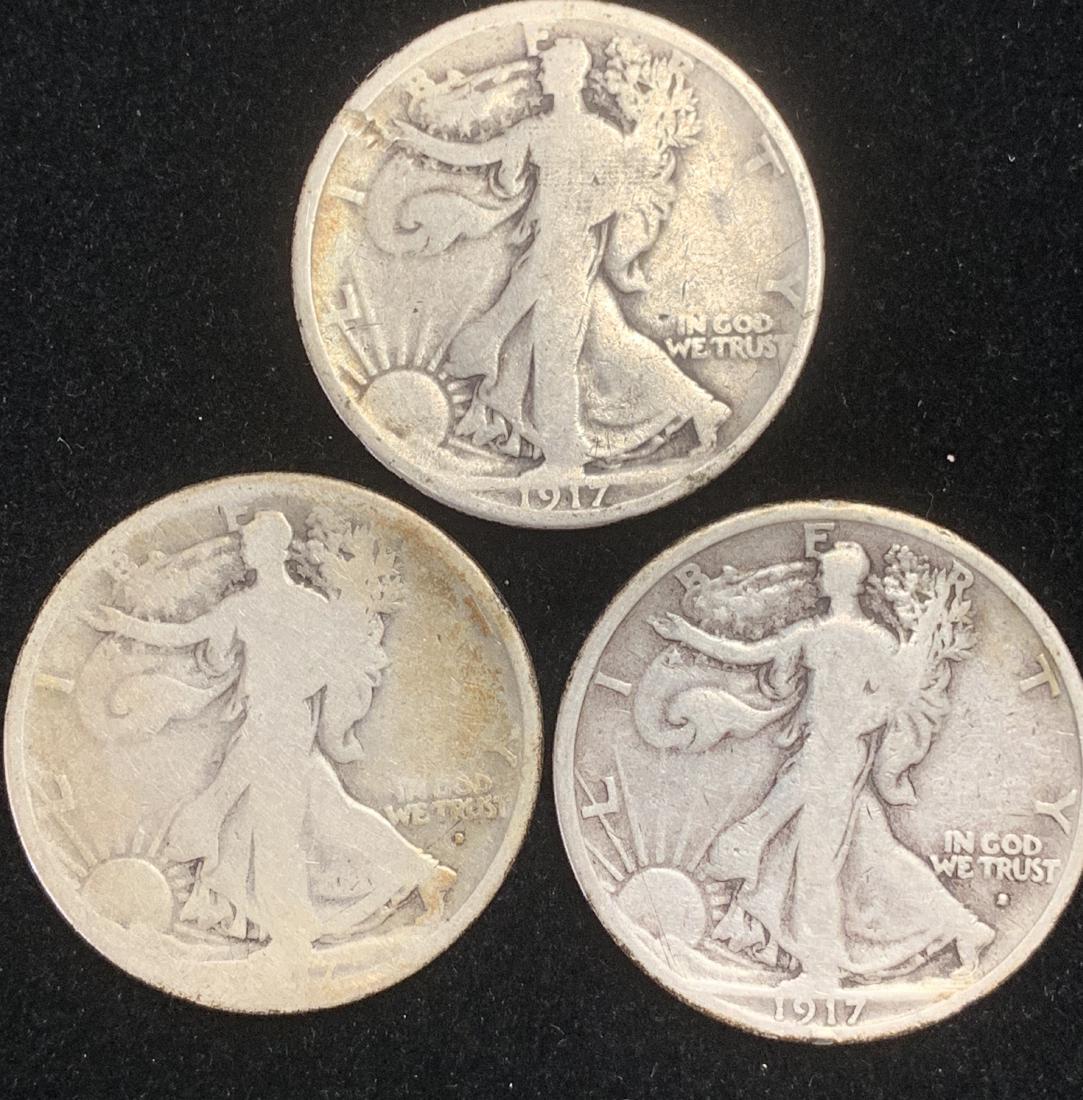 Lot of 3 Walking Liberty Silver Half Dollars 1917-P, (1 of 2)