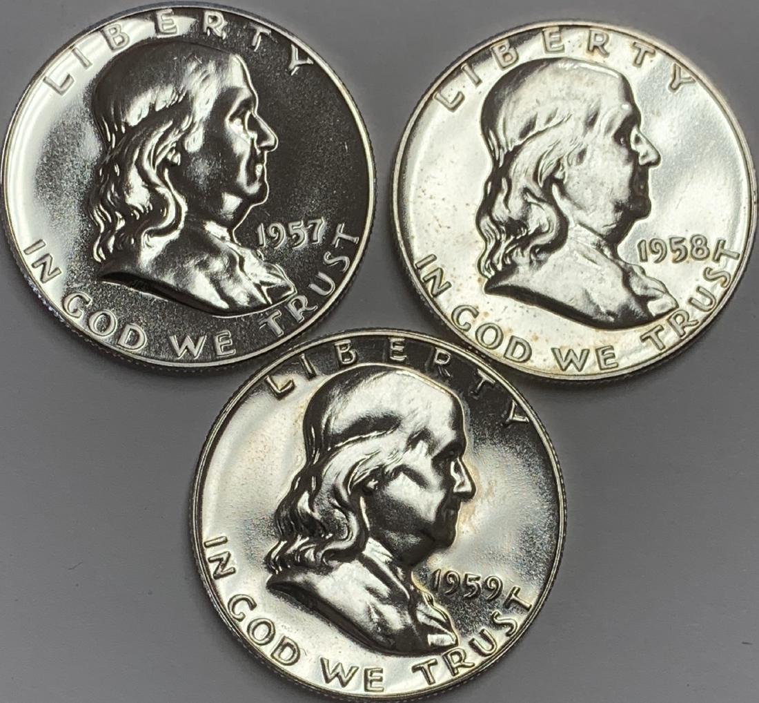 Lot of 3 Franklin Silver Half Dollars 1957, 1958 & 1959 (1 of 2)