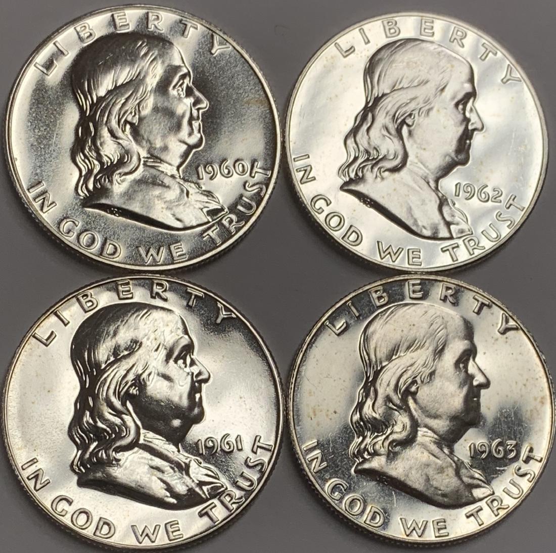 Lot of 4 Franklin Silver Half Dollars 1960, 1961, 1962 (1 of 2)