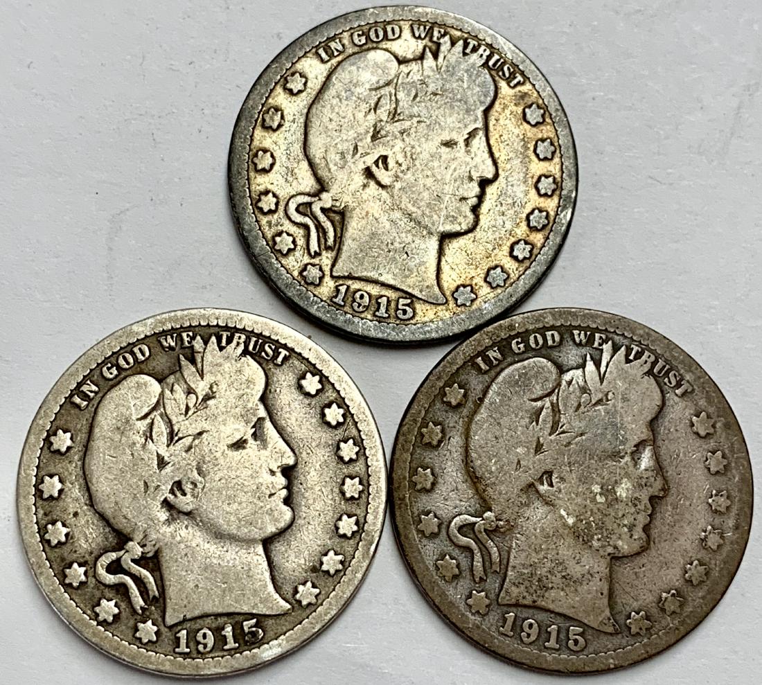 Lot of 3 Barber Silver Quarters 1915-P, 1915-D, 1915-S (1 of 2)