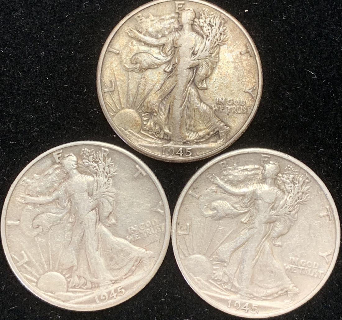 Lot of 3 Walking Liberty Silver Half Dollars 1945-P, (1 of 2)