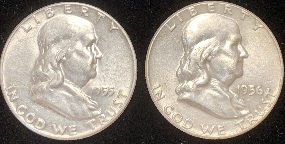 Lot of 2 Franklin Silver Half Dollars 1955-P & 1956-D (1 of 2)