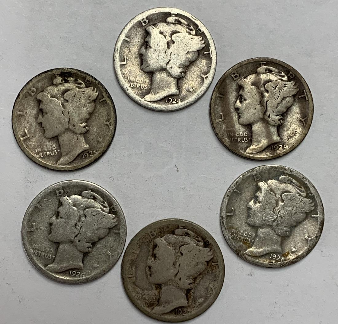 Lot of 6 Mercury Silver Dimes 1924-1929-D Denver Mint (1 of 2)