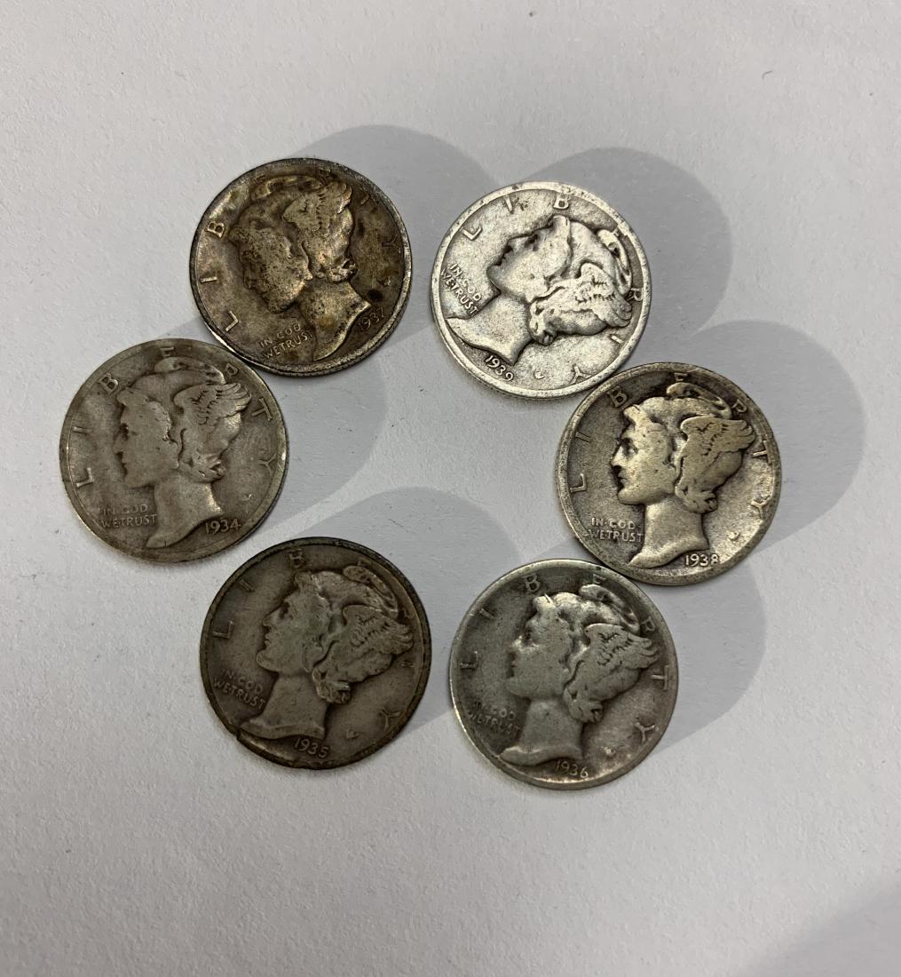 Lot of 6 Mercury Silver Dimes 1934-1939-D Denver Mint - (1 of 2)