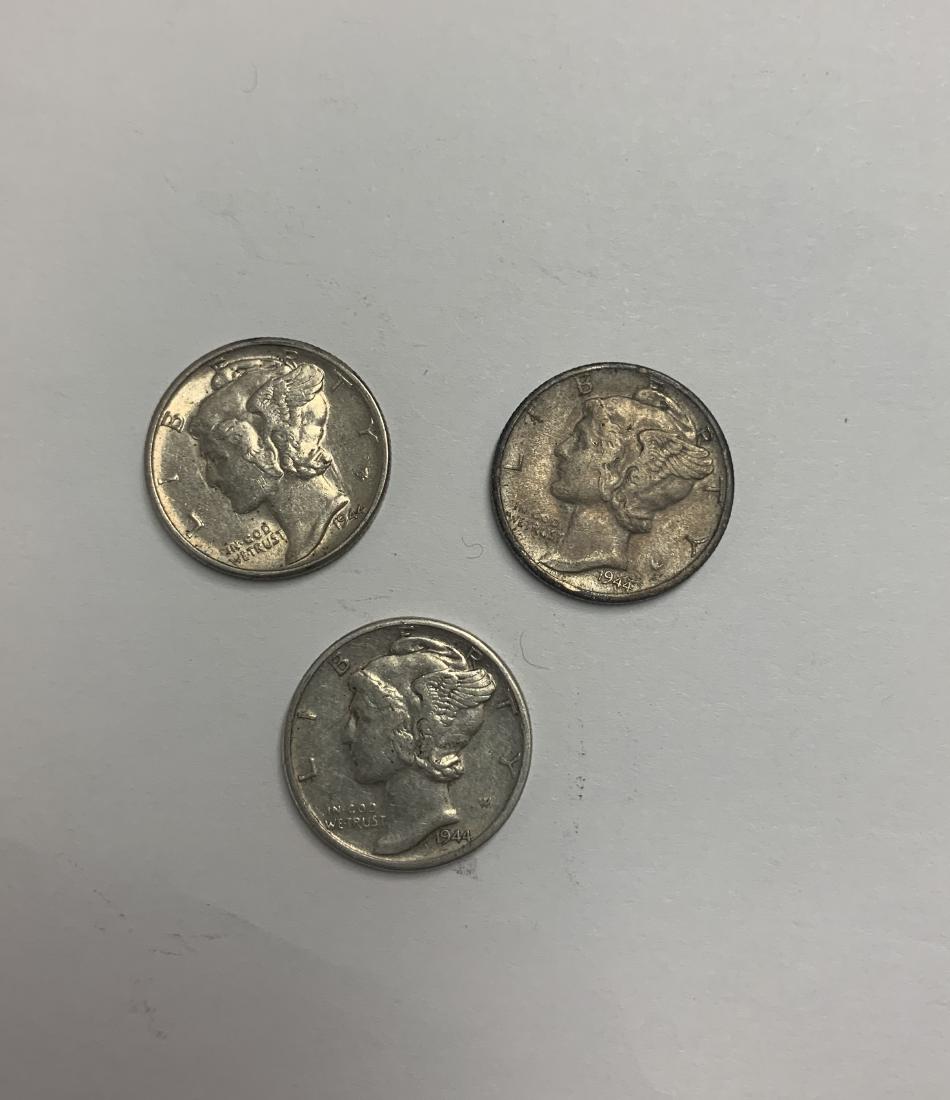 Lot of 3 Mercury Silver Dimes 1944-P, 1944-D & 1944-S (1 of 2)