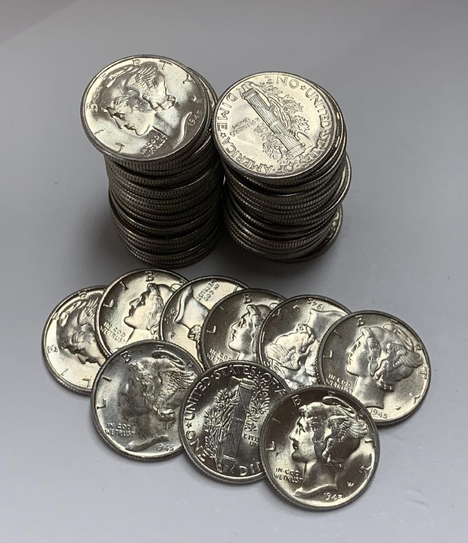 1945-P Roll of 50 Mercury Silver Dimes GEM BU (1 of 2)