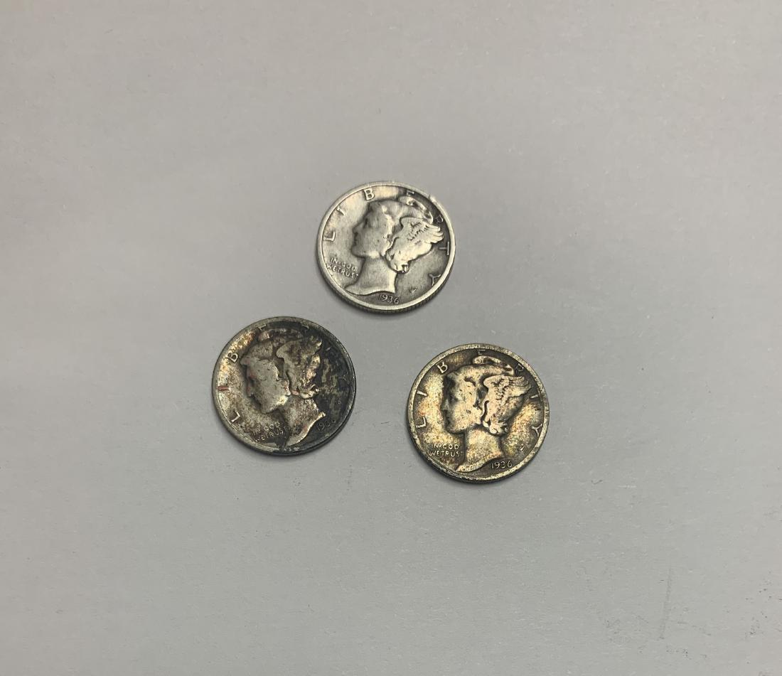 Lot of 3 Mercury Silver Dimes 1936-P, 1936-D & 1936-S (1 of 2)