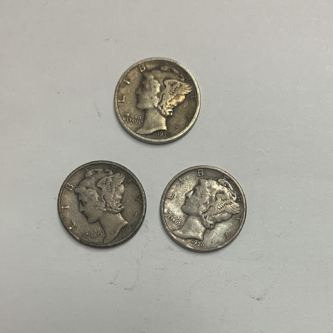 Lot of 3 Mercury Silver Dimes 1939-P, 1939-D & 1939-S (1 of 2)