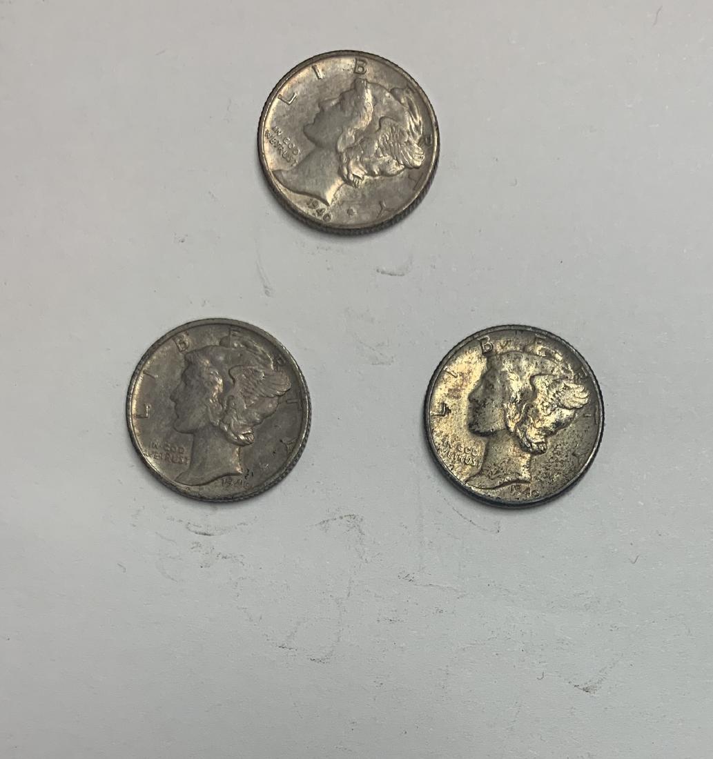 Lot of 3 Mercury Silver Dimes 1940-P, 1940-D & 1940-S (1 of 2)