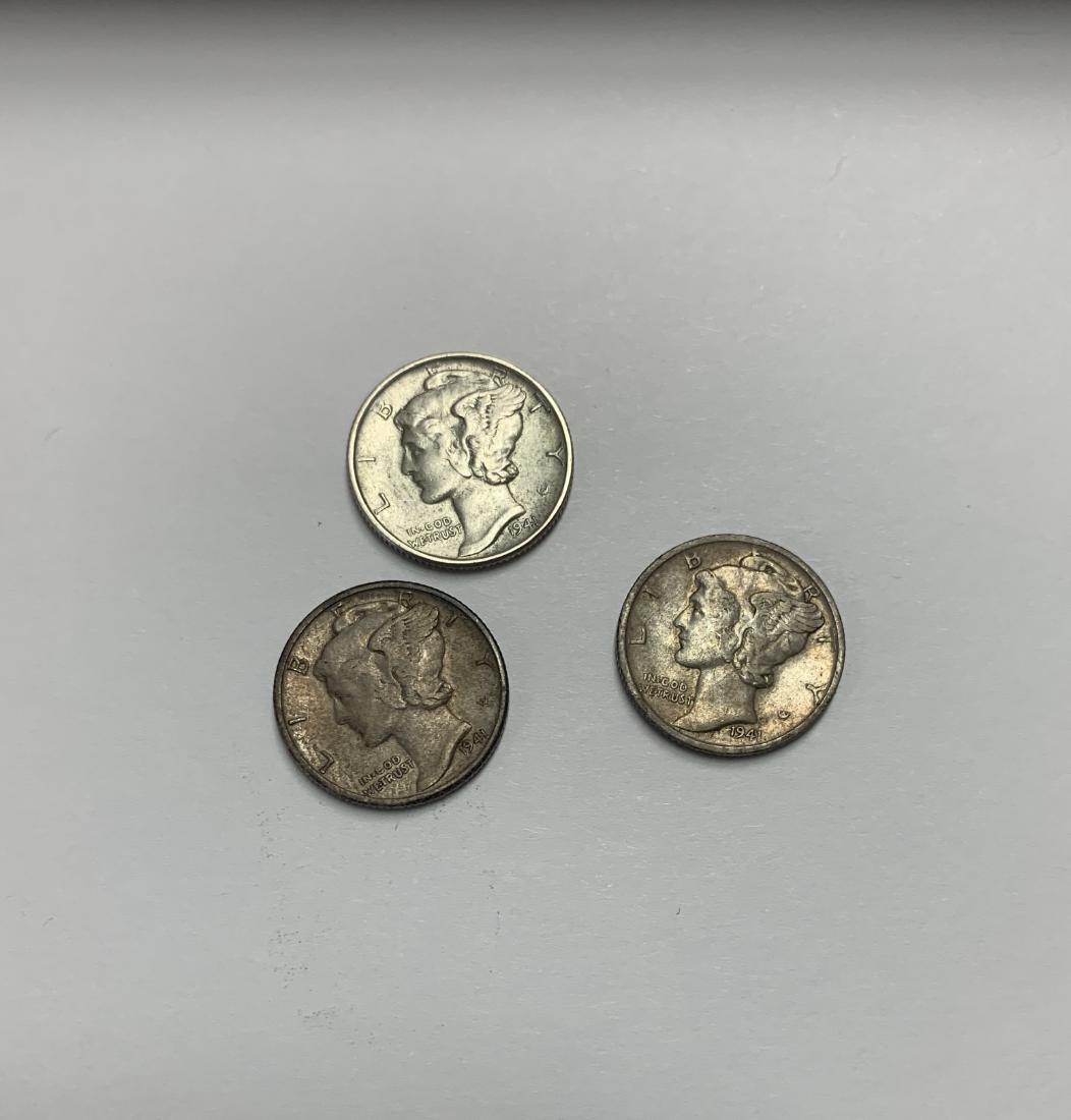 Lot of 3 Mercury Silver Dimes 1941-P, 1941-D & 1941-S (1 of 2)