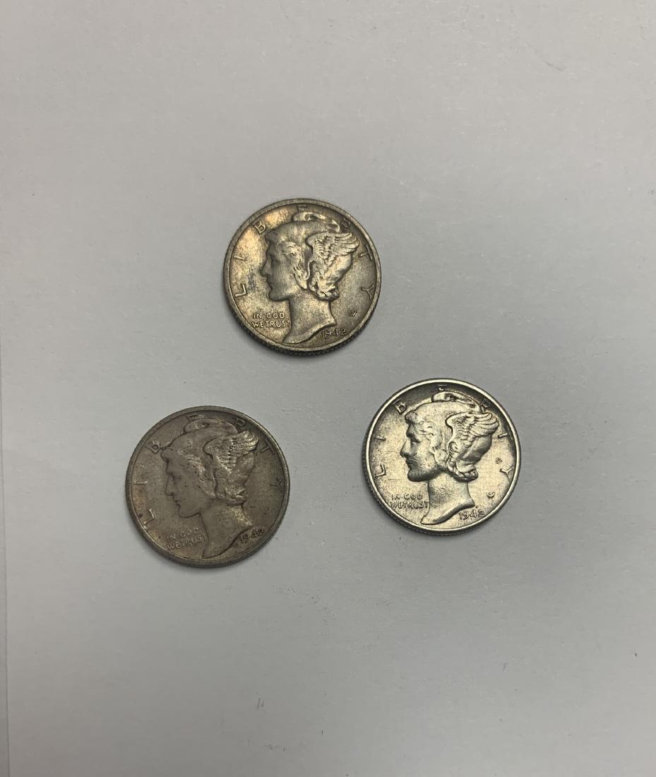 Lot of 3 Mercury Silver Dimes 1942-P, 1942-D & 1942-S (1 of 2)