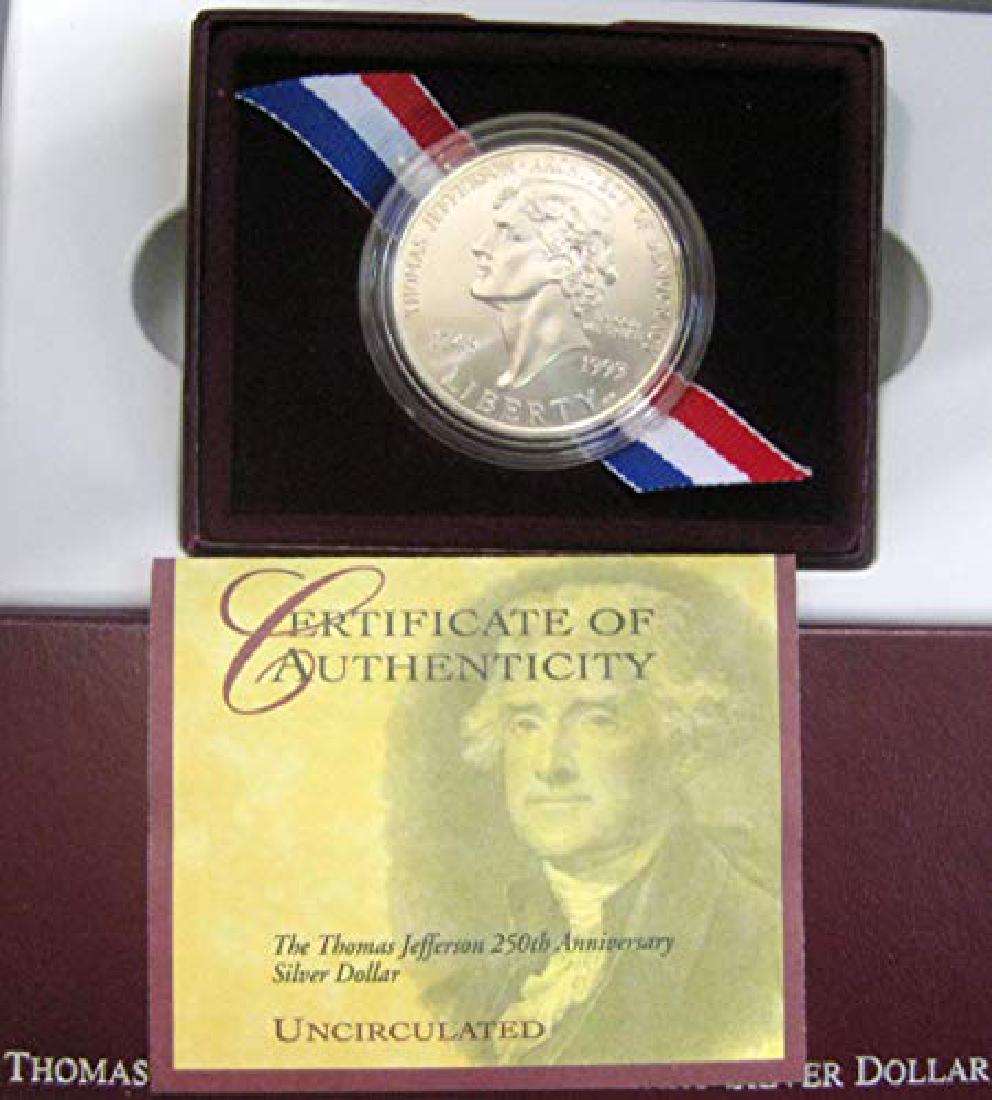 1993-P $1 The Thomas Jefferson Commemorative Silver: 1993-P $1 The Thomas Jefferson 250th Anniversary Commemorative Silver Dollar in US Mint Original Government Packaging BU