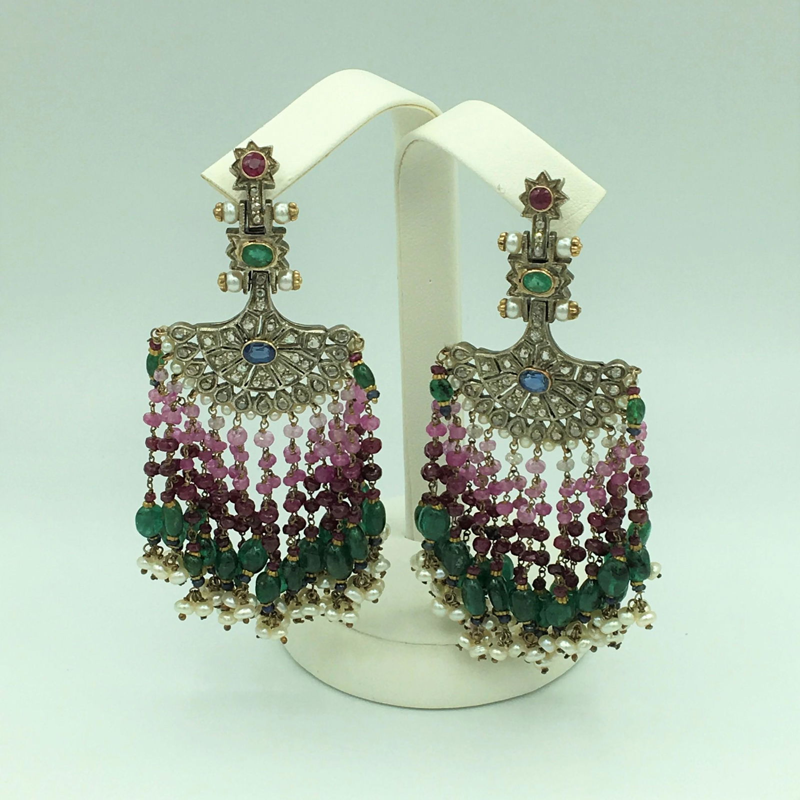Russian Antique 18K White and Yellow Gold Diamond: Russian Antique 18K White and Yellow Gold Diamond Multi-Gem Earrings. 23.2 grams 30 dwt The Pair. Approximately 6 cts. of Diamond The Pair. Accent Gems are Emerald, Ruby, Pearl and Sapphire. Earrings