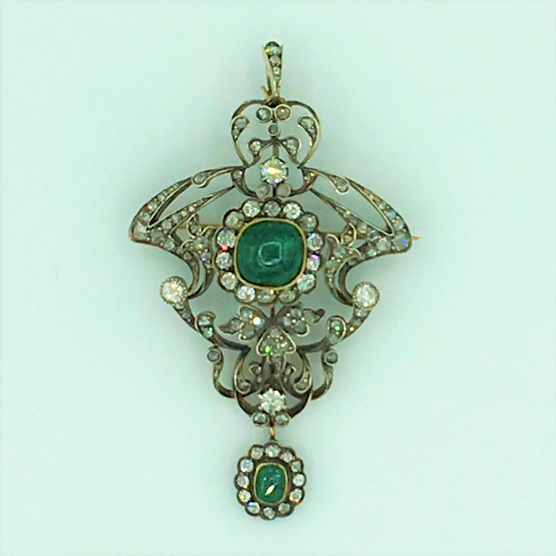 Russian Antique 14K White and Yellow Gold Diamond and: Russian Antique 14K White and Yellow Gold Diamond and Emerald Brooch. 20.8 grams 13.4 dwt. Approximately 6 cts. of Diamond. Large Cabochon Emerald is Approximately 5 cts. Brooch Measures 3 x 1 3/4 inc