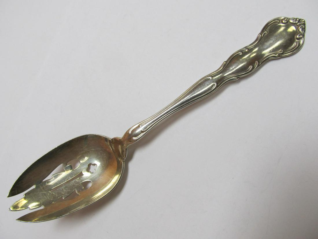 WALLACE SILVERSMITHS MY LOVE STERLING SILVER PIERCED: This nice spoon My Love pattern is in excellent condition with almost no wear excluding some slight scratching & wear to a gold wash in the bowl. It has an older patina & will polish nicely. It is jus