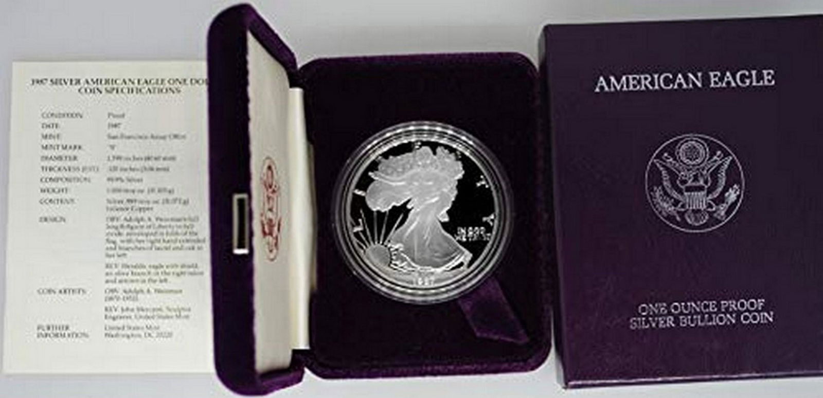 1987-S $1 Proof American Silver Eagle 1 oz ASE in OGP &: 1987-S American One Ounce Silver Eagle in Original Packaging