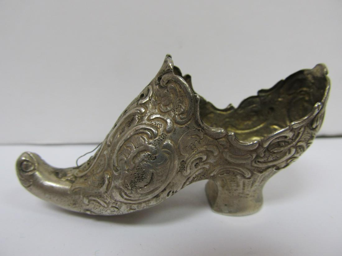 800 SILVER VINTAGE COLLECTOR LADIES SHOE 2 7/8 L V GOOD: The detailing on this fine shoe are very attractive. It is in overall very good condition with some slight wear. The maker & marking are unclear. It tests 800 silver or higher. It has an older, unpoli