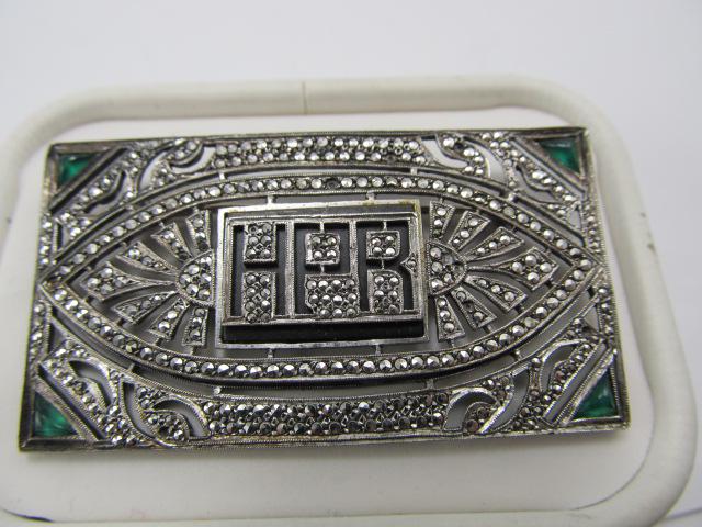 STERLING SILVER ELABORATE MARCASITE INSET PIN / BROOCH: This is a very ornate sterling pin with finely-inset marcasite\\'s & small triangular chrysoprase stones on each corner. It is in overall very good condition, but is missing about 7 marcasite\\'s weig